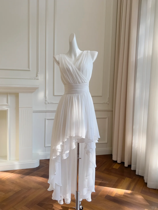Gentle A Line V Neck White Chiffon Long Short Party Dress Wedding Guest Dress DP2495