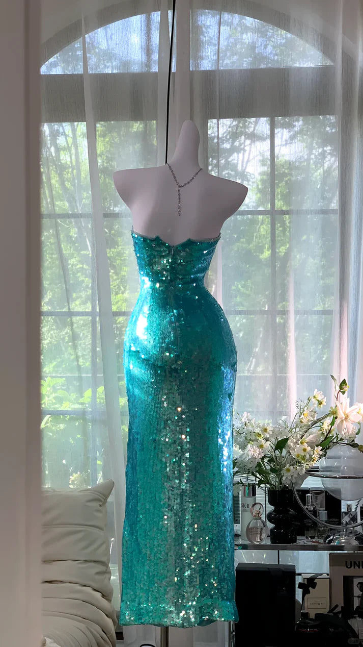 Shiny Blue Sheath Strapless Sequin Prom Dress Formal Dress Party Dress DP3512