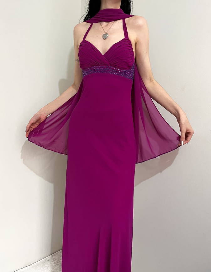 Vintage Sheath Halter Beaded Dark Purple Chiffon Open Back Party Dress Evening Dress DP2367