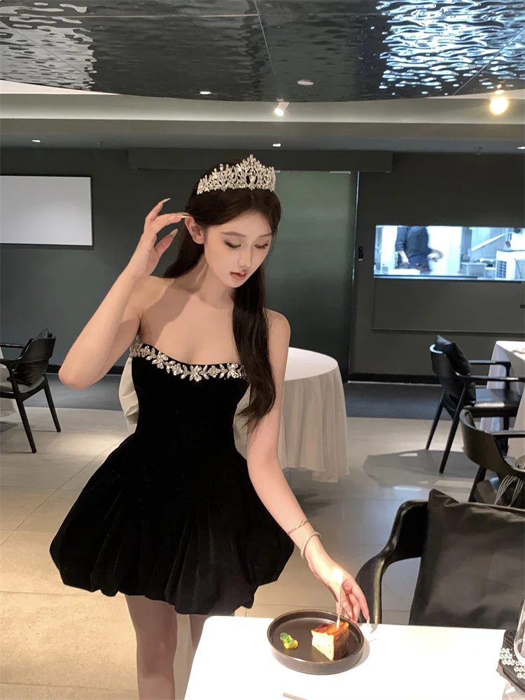 Stunning A Line Strapless Rhinestone Black Velvet Short Homecoming Dress Cocktail Dress DP2676