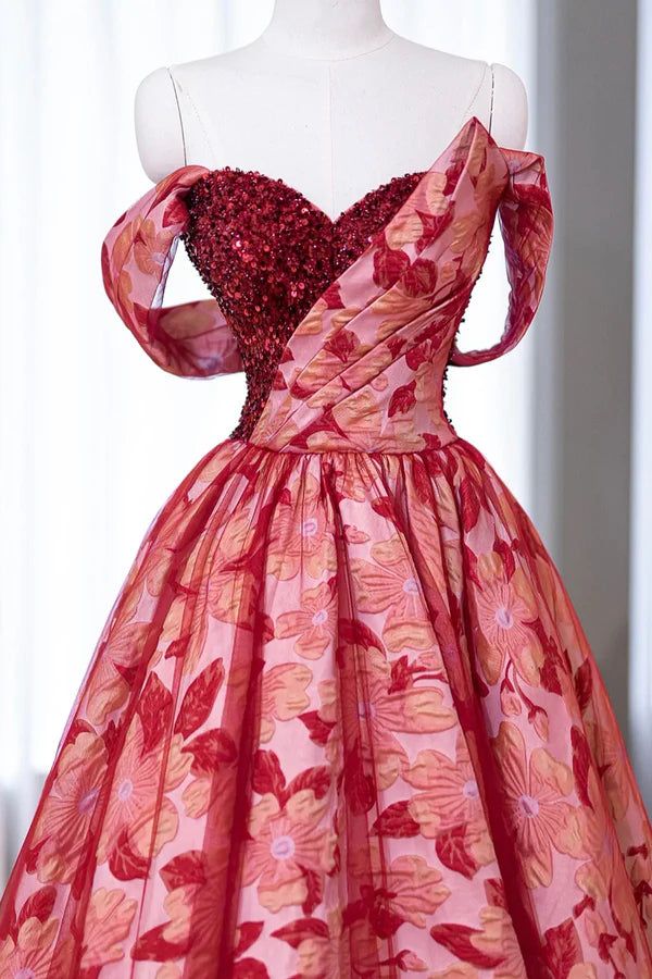 Burgundy A Line Off-the-shoulder Sequins Printing Floor Length Prom Dress DP823