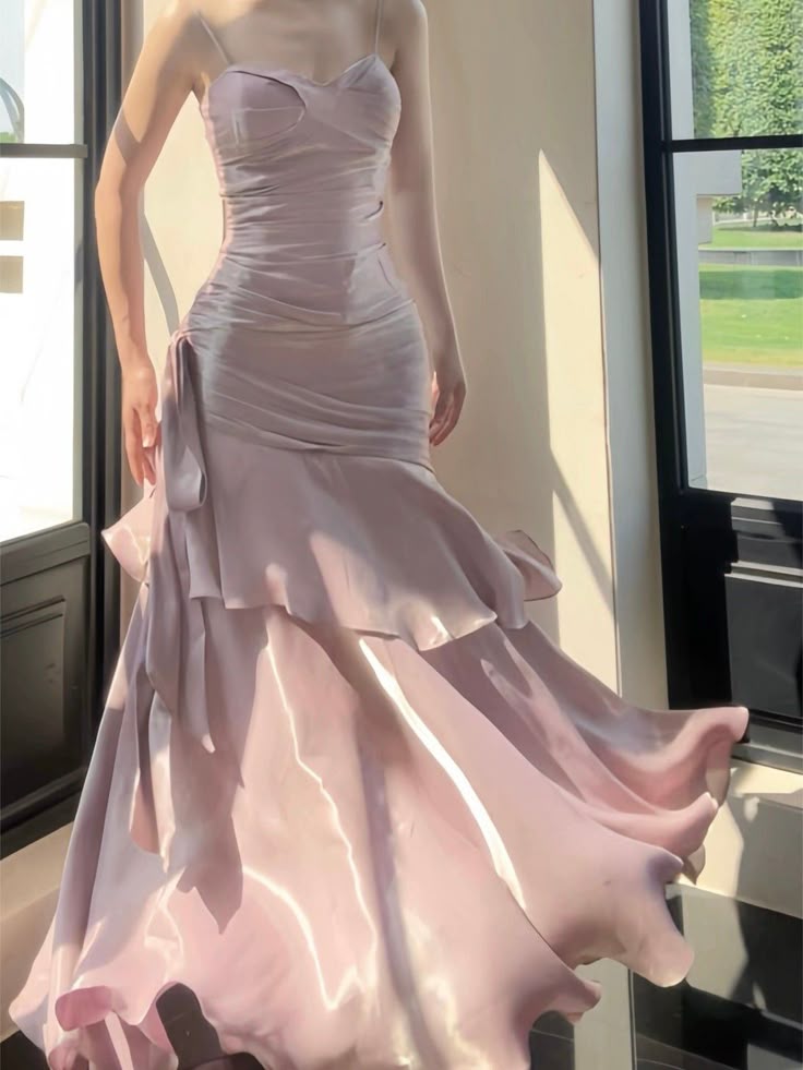Romantic Pink Mermaid Spaghetti Strap Satin Long Prom Dress Evening Dress DP2032