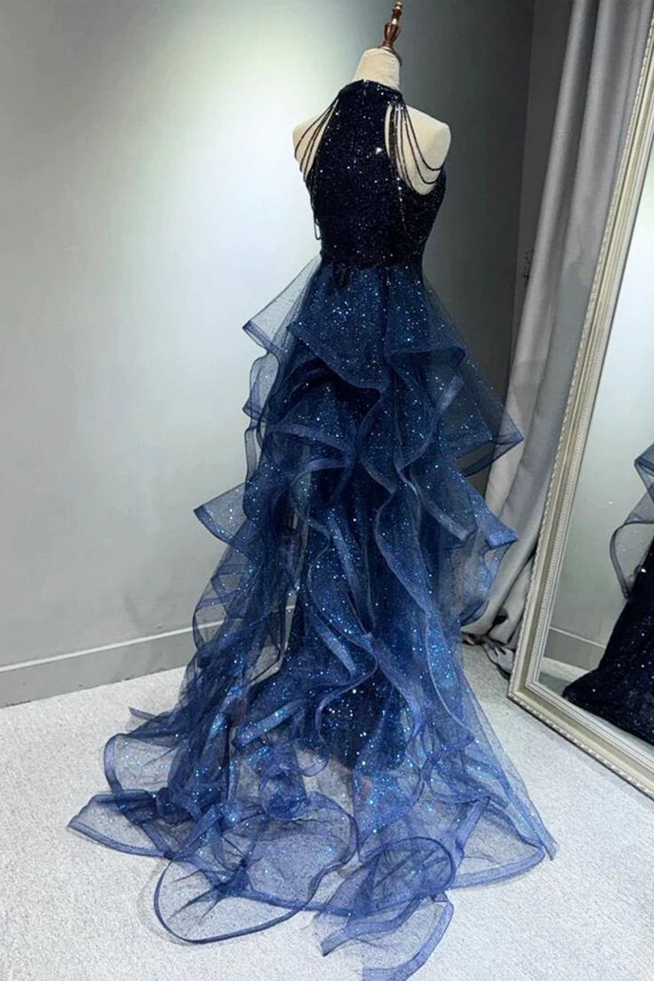 Navy Shiny Sequin Tulle Long Party Dress with Beaded, Navy Evening Party Dress DP1975