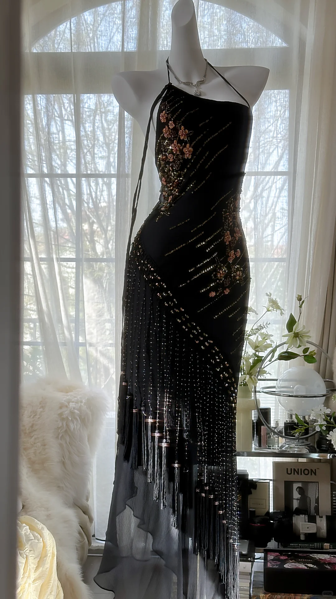 Exquisite Sexy Flowy Beaded Floral Black Chiffon Backless Prom Dress Date Dress Evening Dress DP2950