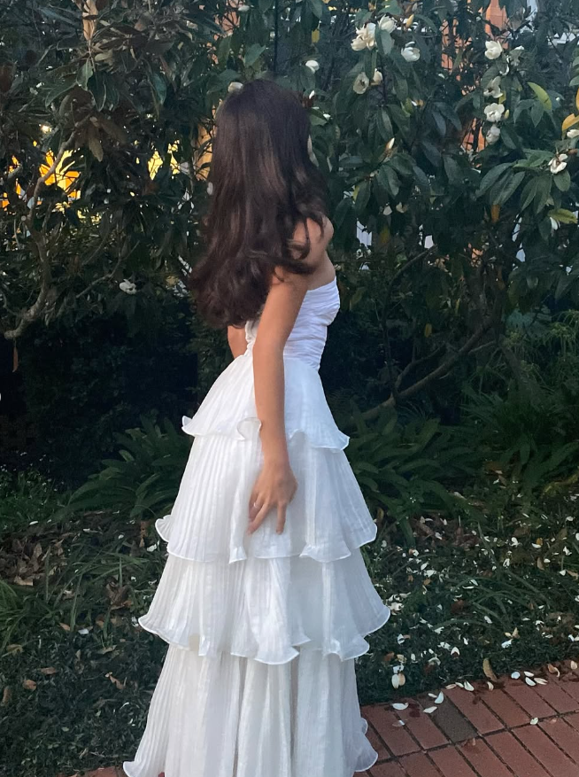 Elegant A Line Strapless Tiered White Satin Prom Dress Evening Dress DP1606