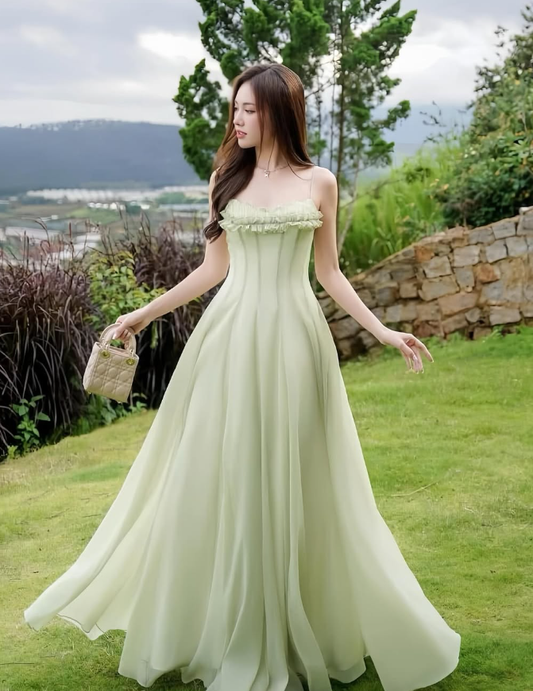 Gentle A Line Spaghetti Strap Green Chiffon Long Prom Dress Evening Dress DP2236