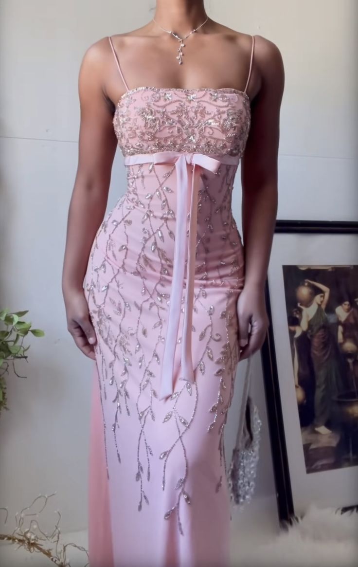 Gorgeous Sheath Spaghetti Strap Beaded Pink Chiffon Long Prom Dress Evening Dress DP2390