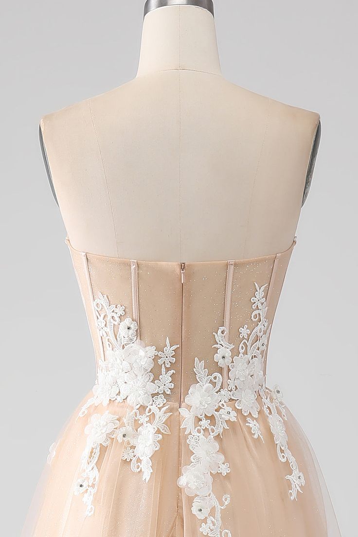 A Line Champagne Strapless Corset Tulle Prom Dress with Appliques DP1396