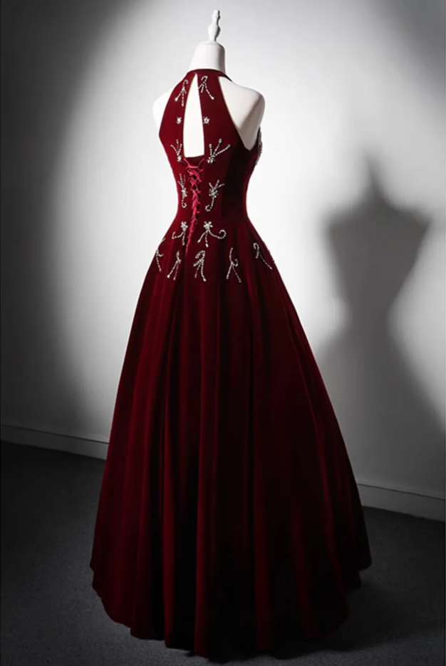 Burdundy Halter Velvet Long Beaded Prom Dress Formal Evening Gown DP220