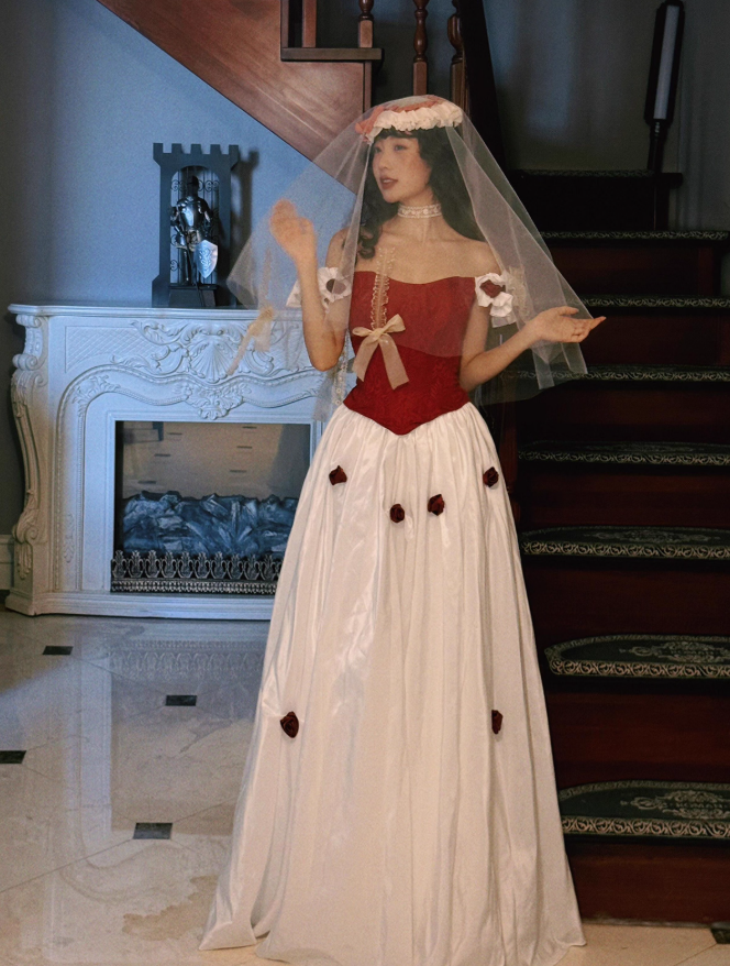Classic Ball Gown Off the Shoulder Red Floral White Satin Prom Dress 16th Birthday Dress DP3568