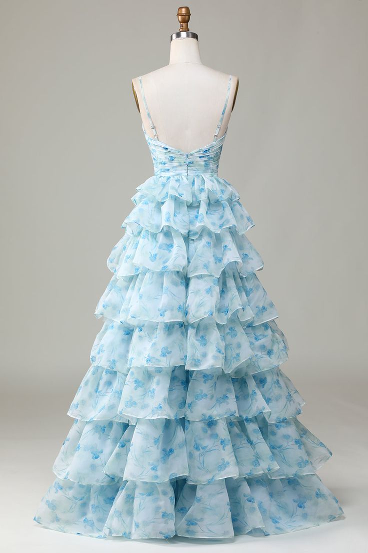 Elegant A-Line Spaghetti Straps Tiered Chiffon Long Prom Dress DP770