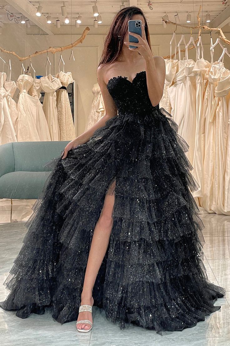 Black A Line Sweetheart Layered Tulle Prom Dress With Slit DP789