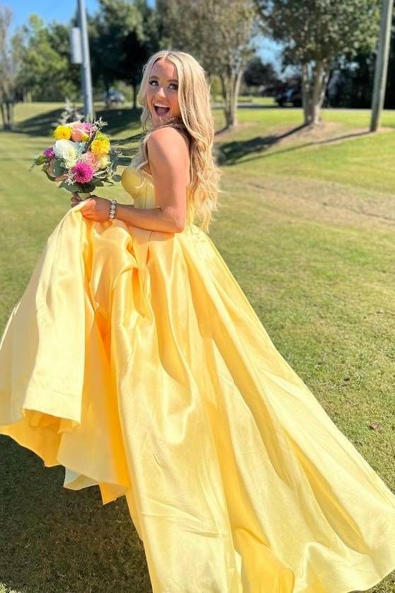 Yellow A Line Sweetheart Corset Satin Prom Dress DP822