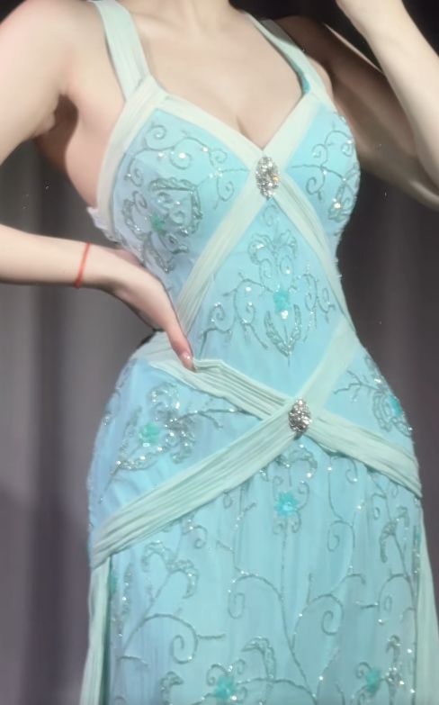 Vintage Mermaid Strap Beaded Blue Chiffon Ball Gowns Birthday Dresses DP4218