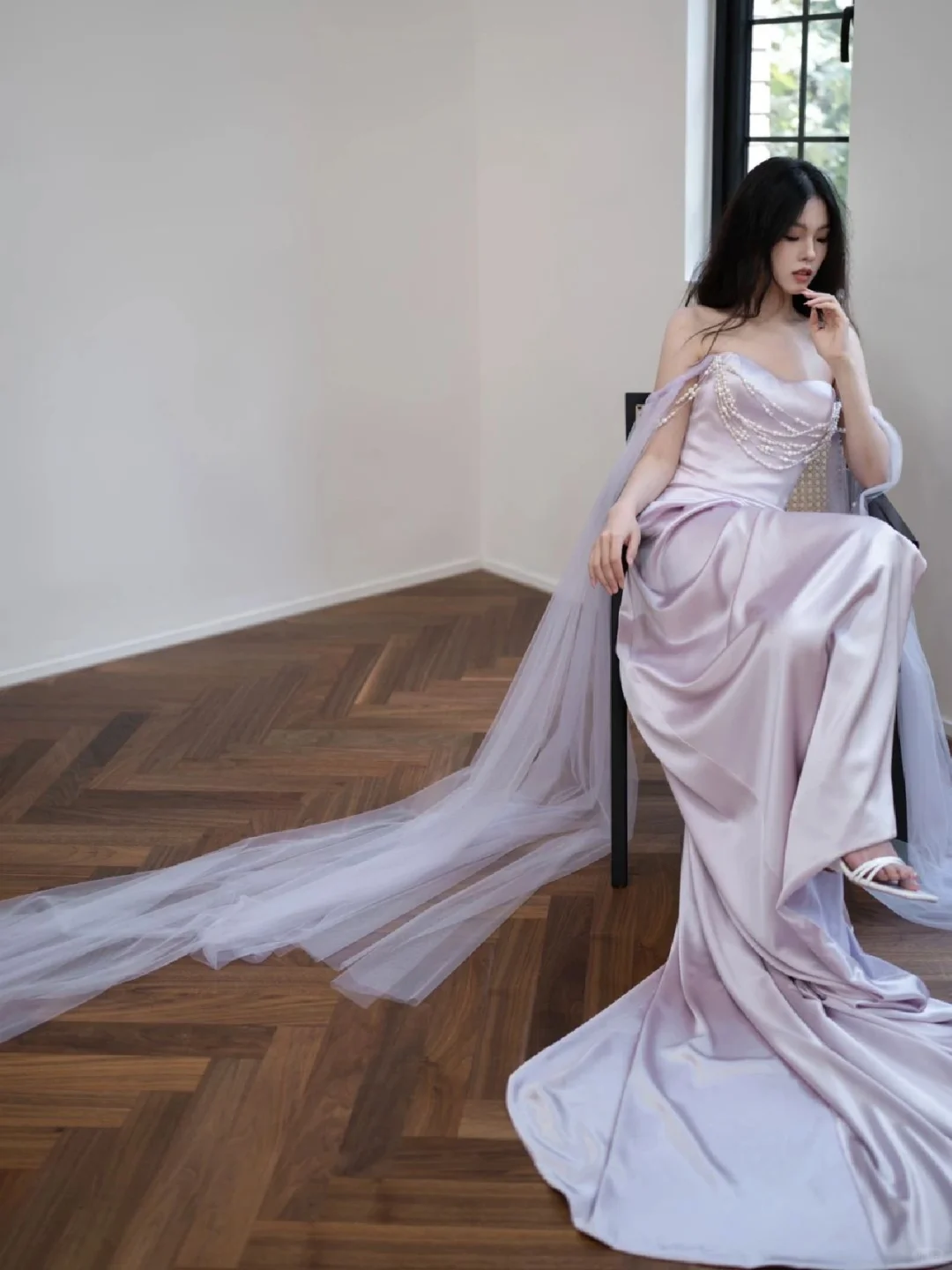 Purple Sheath Off the Shoulder Pearl Satin Tulle Party Dress Evening Dress DP2547