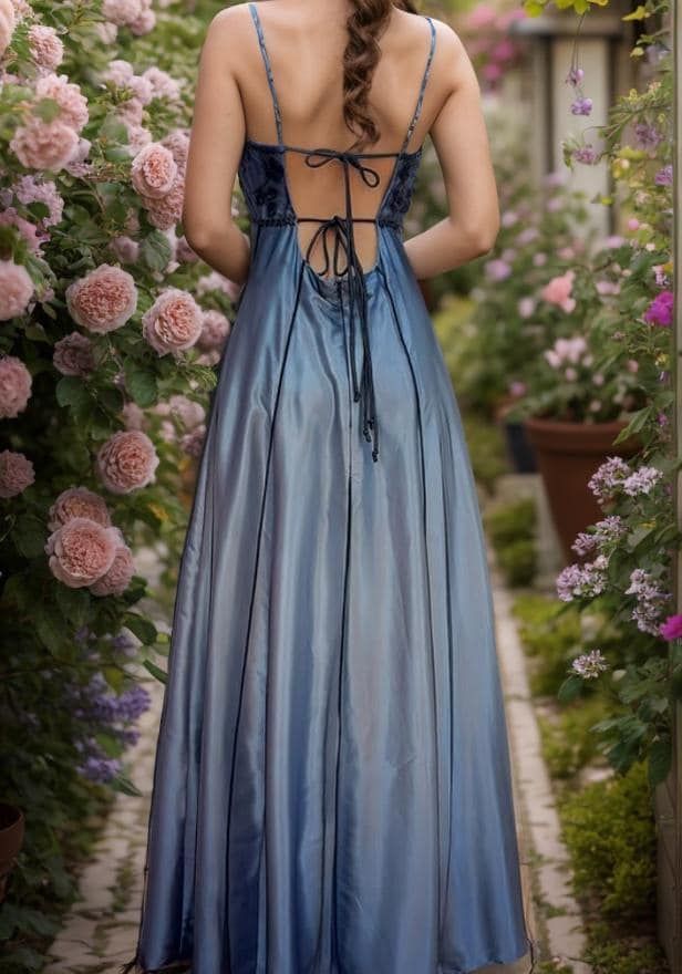 Retro Blue Ombre A Line Spaghetti Strap Beaded Tulle Satin Prom Dress Party Dress DP3593