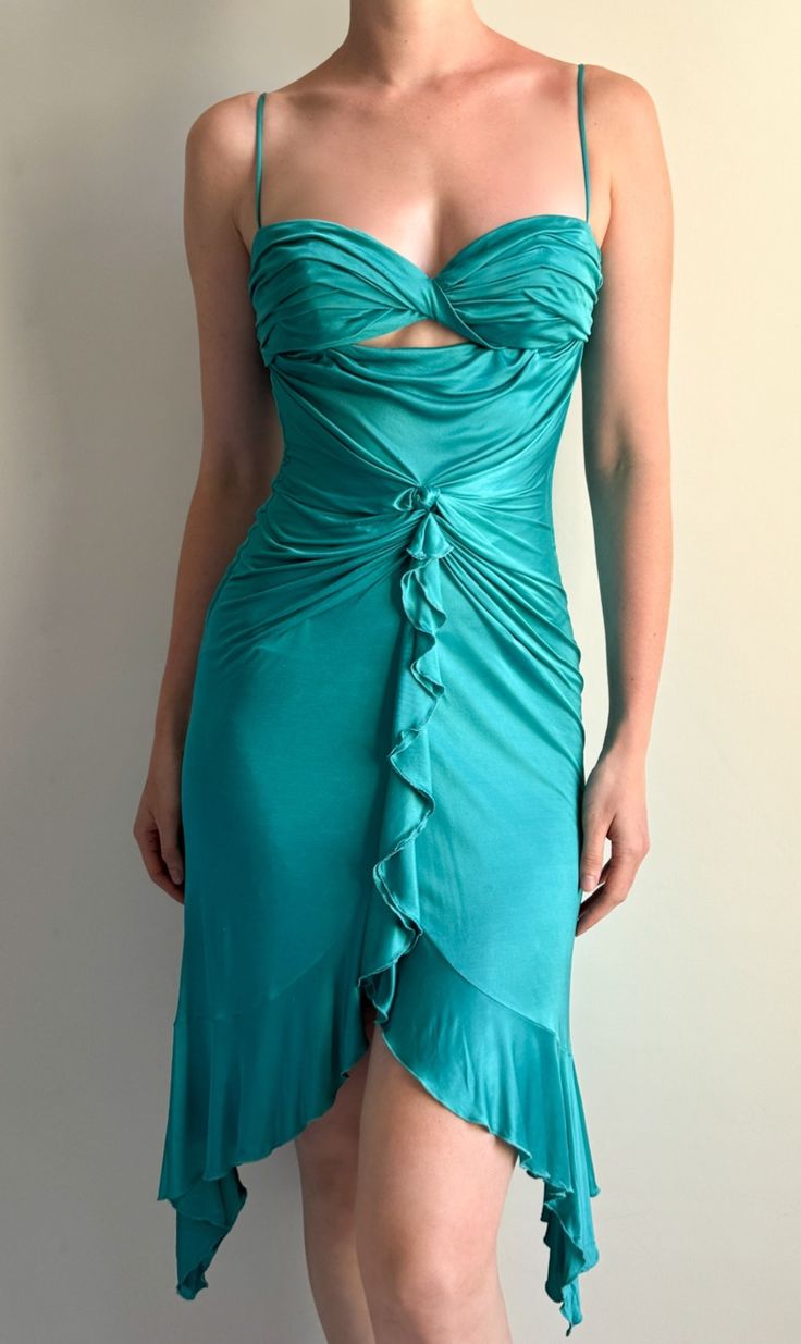 Lake Blue A Line Spaghetti Strap Ruffle Satin Homecoming Dress Cocktail Dress DP5479