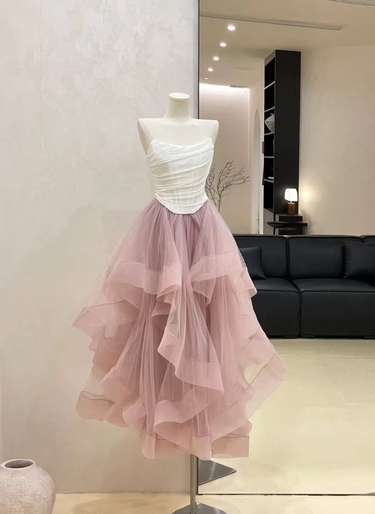 Princess A Line Strapless White Corset Satin Pink Ruffle Organza Party Dress Evening Dress DP2896