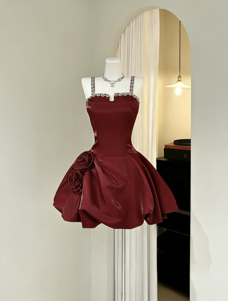 Burgundy A Line Straps Rose Beaded Satin Short Homecoming Dress DP5687