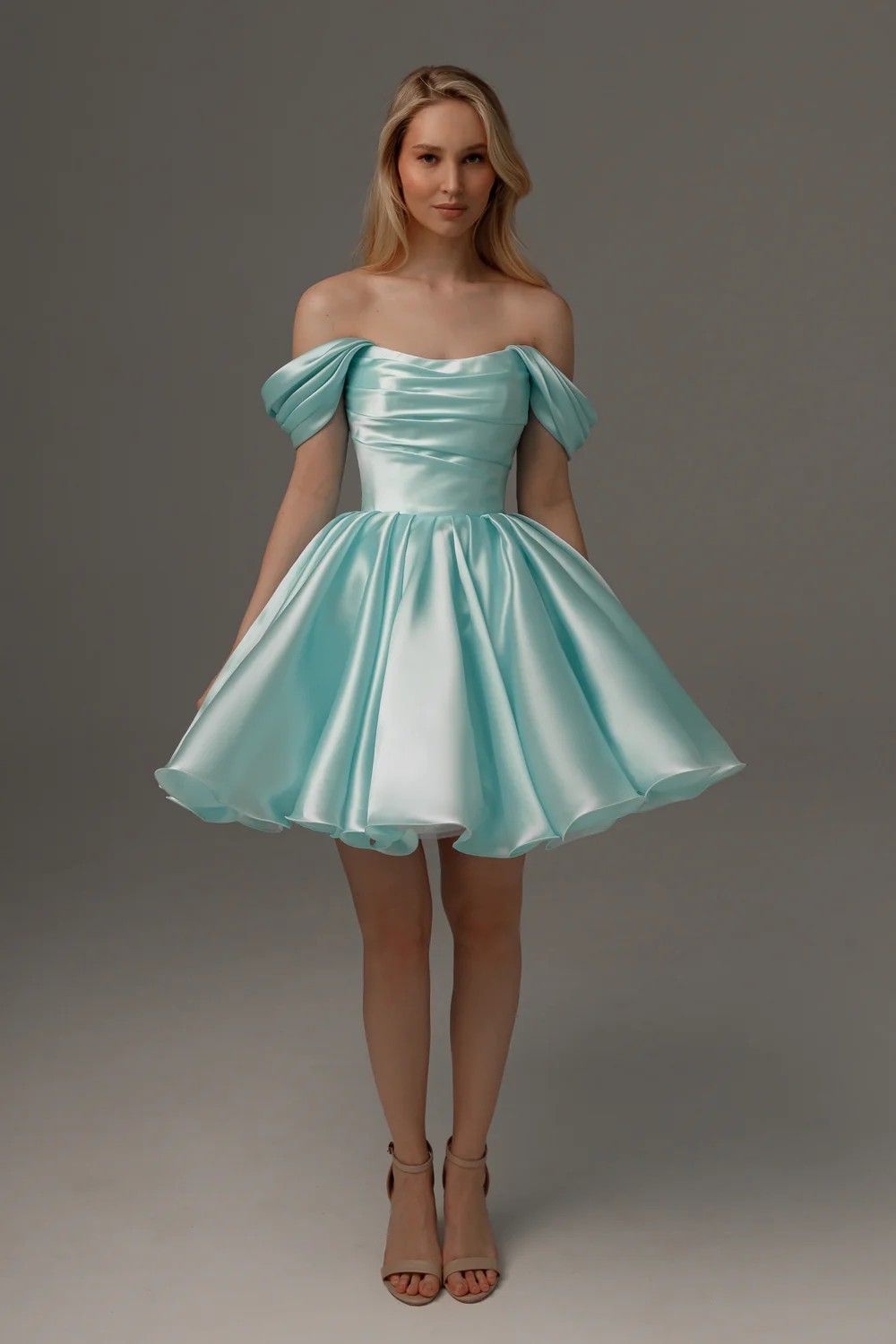 Blue A Line Off the Shoulder Satin Short Homecoming Dress Cocktail Dress DP3614