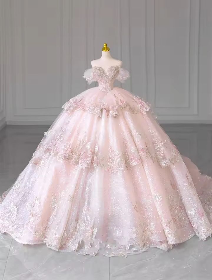 Pink Ball Gown Off the Shoulder Sequin Beaded Layered Tulle Satin Long Prom Dress 16th Birthday Dress DP3628