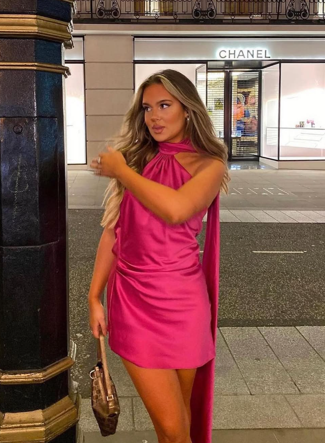 Hot Pink Sheath Halter Satin Short Open Back Homecoming Dress Birthday Dress DP1765
