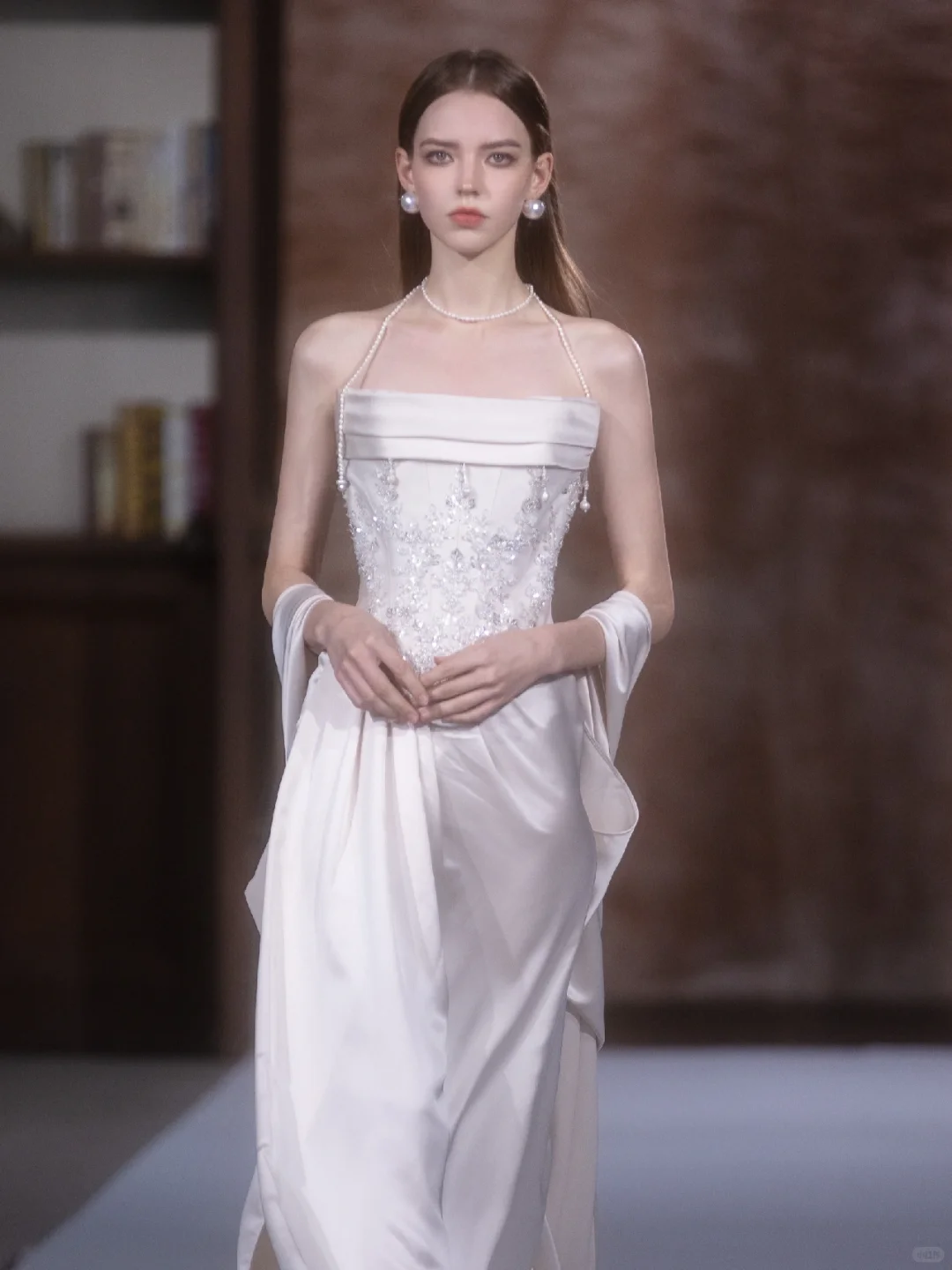 Elegant A Line Strapless Beaded Pearl White Satin Long Prom Dress DP2840