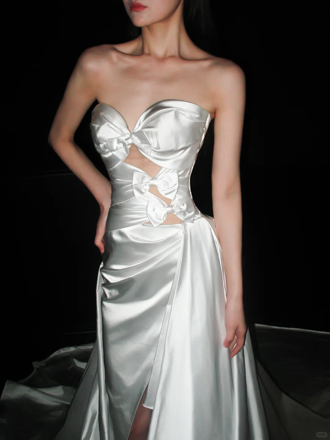 Cute A Line Sweetheart Neck Bow White Satin Slit Wedding Dress DP5302