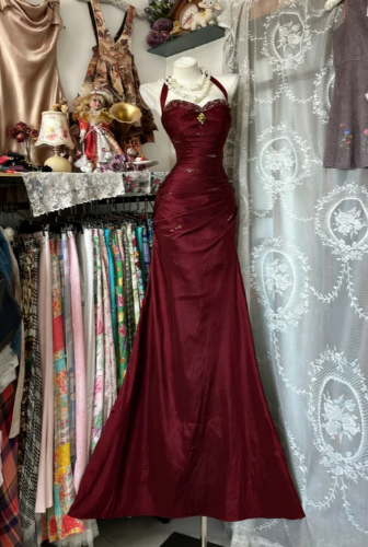 Vintage Halter Mermaid Long Prom Dresses Beaded Satin Blue Evening Dresses Birthday Dresses DP4596