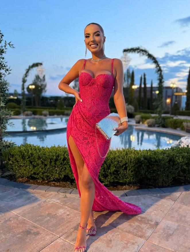 Sexy Sheath Spaghetti Strap Pink Lace Long Prom Dress Party Dress with Slit DP4129