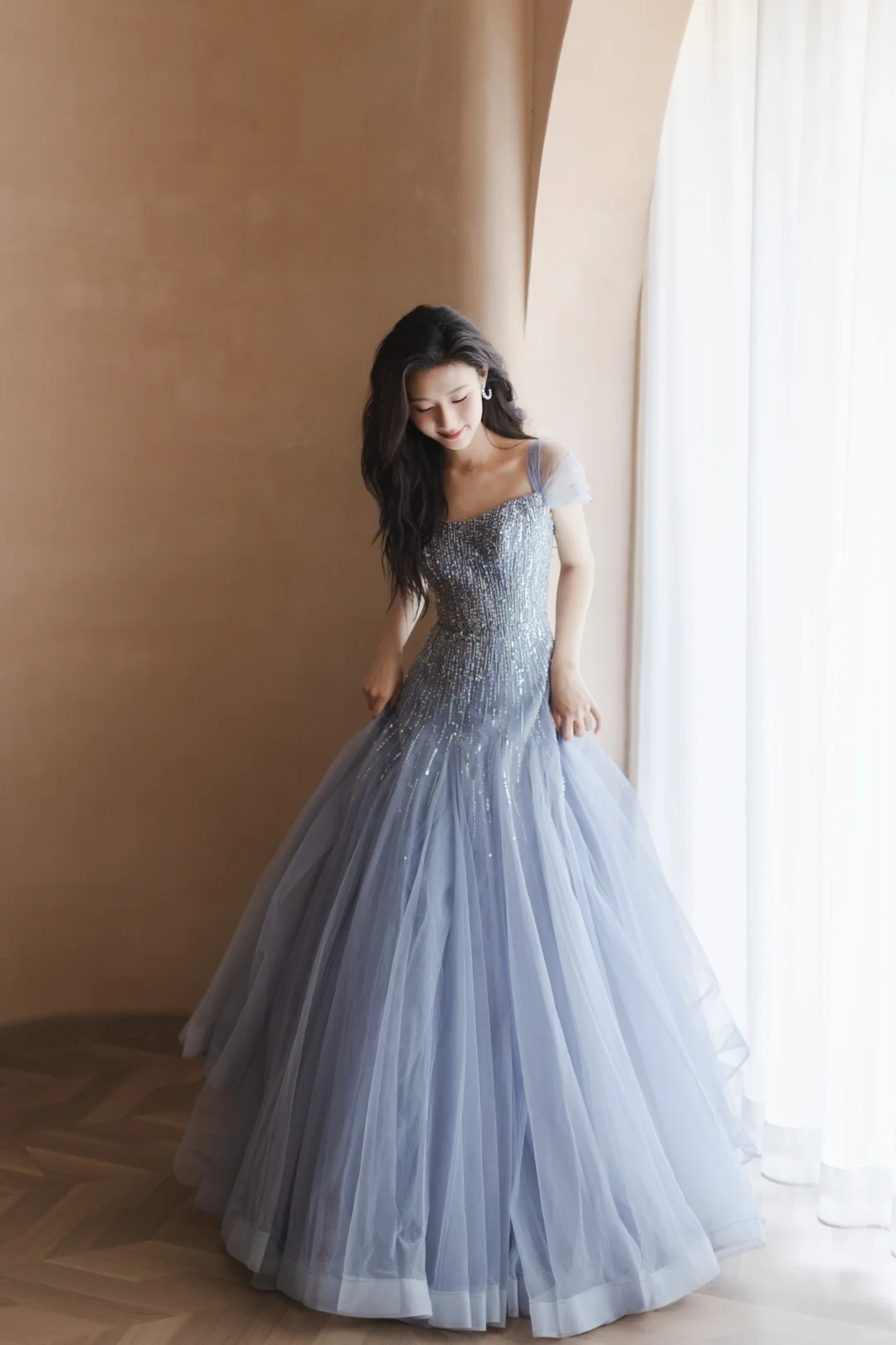 Gentle Blue A Line Off the Shoulder Sequin Beaded Tulle Long Prom Dress Formal Dress DP3336