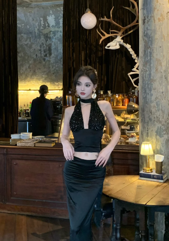 Black Sexy Two Piece Halter Sequin Satin Long Prom Dress Evening Dress Party Dress DP3136