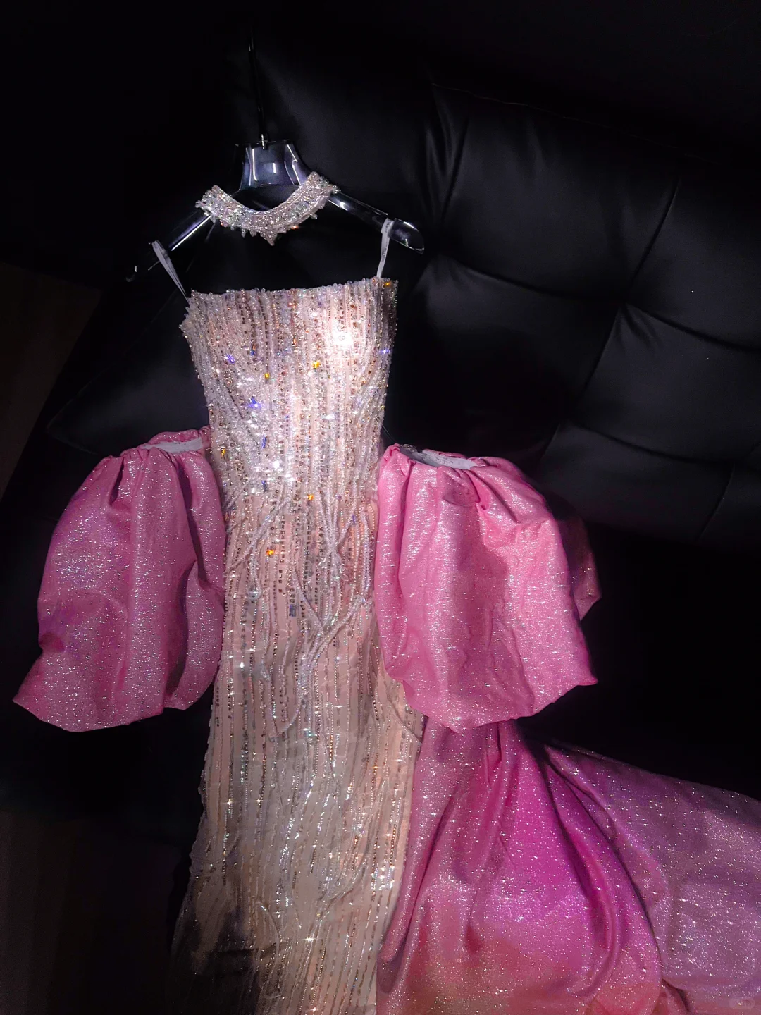 Charming A Line Strapless Gold Sequin Pink Satin Prom Dress Evening Dress DP2827