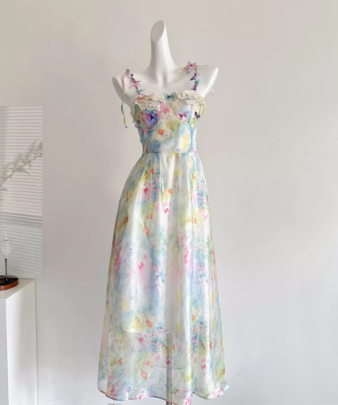 Dreamy Multi-color A Line Spaghetti Strap Printed Floral Chiffon Vacation Dress Birthday Dress Outfits DP3542
