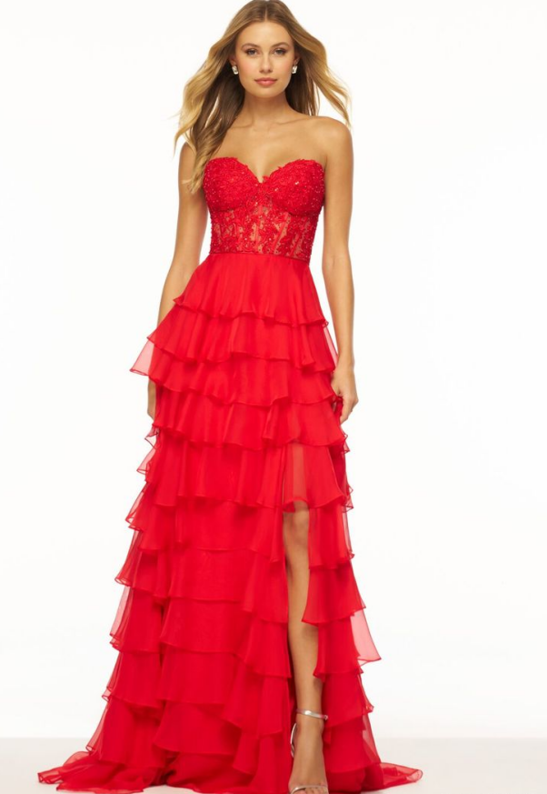 Cute A Line Sweetheart Neck Tiered Pink Lace Chiffon Prom Dress Evening Dress with Slit DP2171