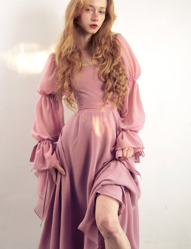 Princess Pink A Line Long Sleeve Chiffon Long Prom Dress Evening Dress DP2802