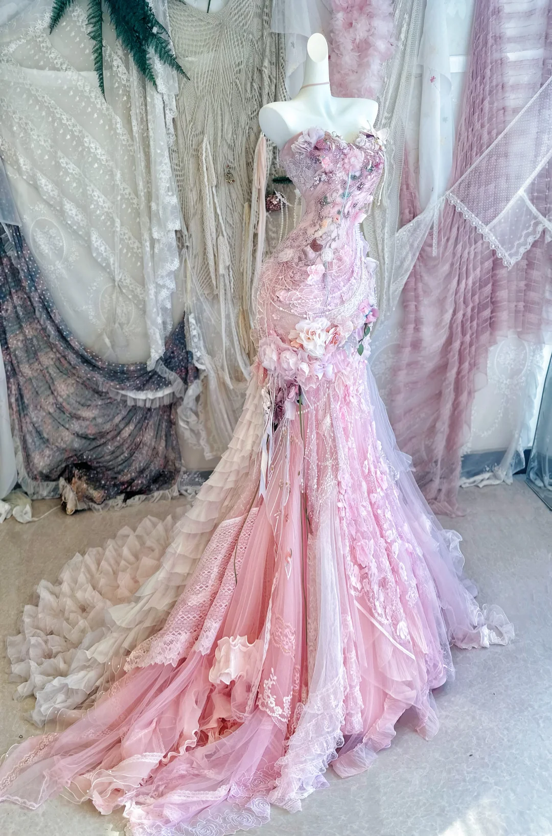 Gentle Pink Mermaid Exquisite Beaded Floral Tulle Lace Prom Dress Evening Dress Party Dress DP2972