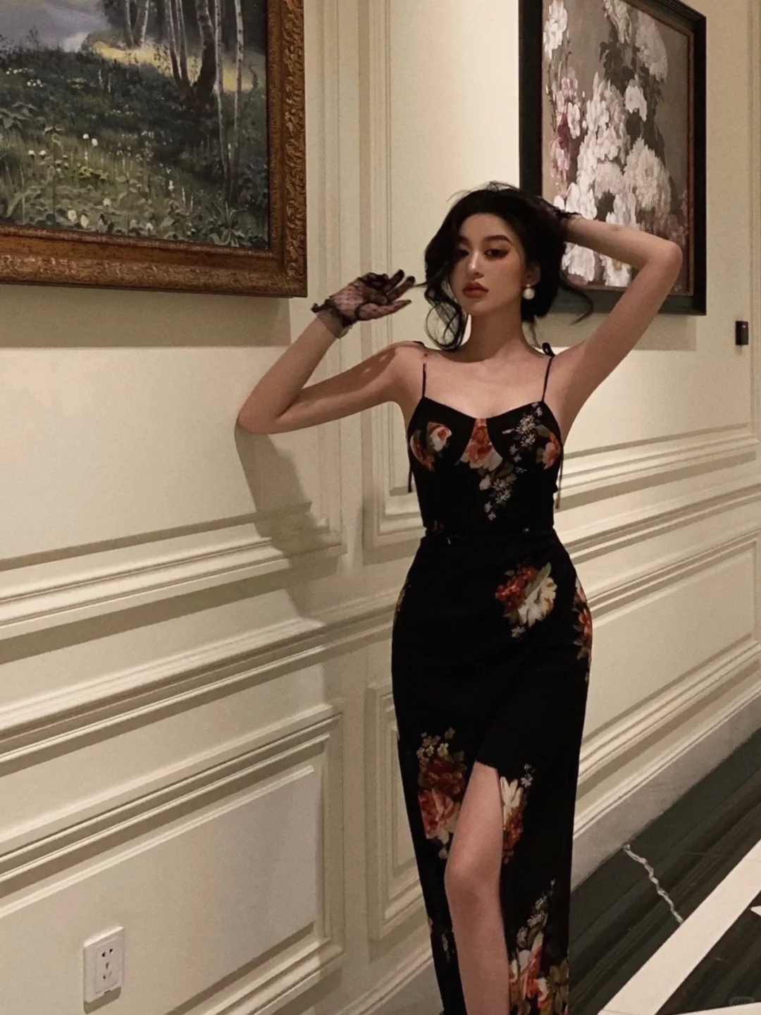 Sexy Sheath Spaghetti Strap Print Floral Black Chiffon Prom Dress Party Dress Outfits DP4138