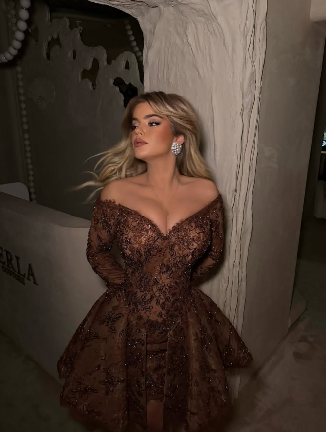 Unique Brown A Line Long Sleeve Beaded Lace Tulle Short Prom Dress Homecoming Dress DP6130