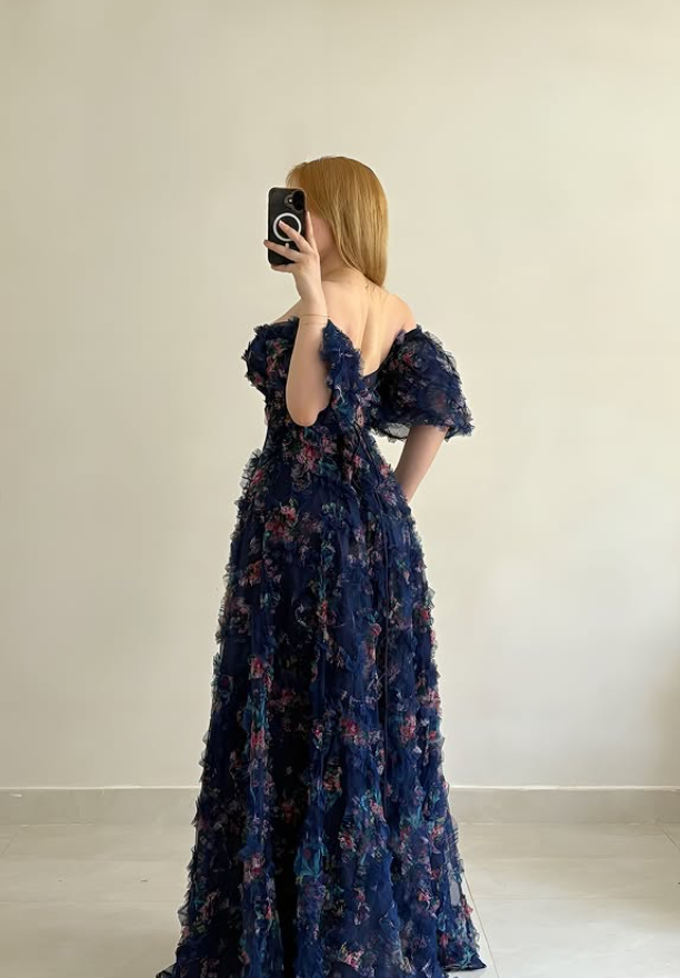 Navy Blue A Line Off the Shoulder Print Floral Tulle Prom Dress Evening Dress DP6050