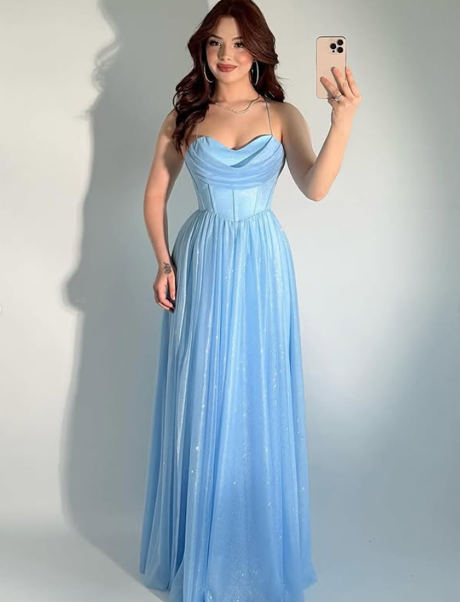 Elegant Blue A Line Spaghetti Strap Organza Long Prom Dress Wedding Guest Dress DP4076