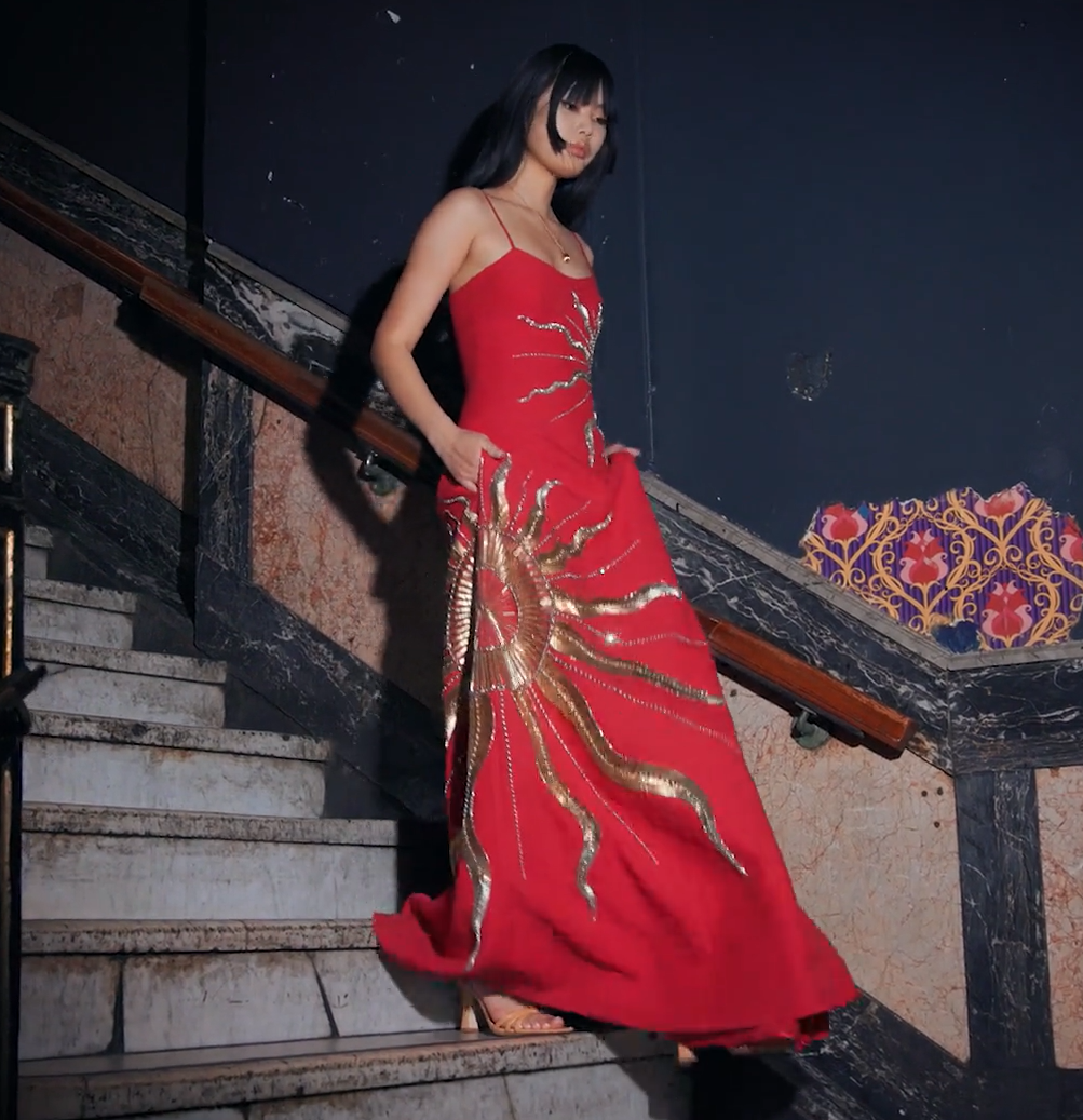 Chic A Line Spaghetti Straps Gold Embroidery Red Satin Prom Dress Evening Dress DP1469