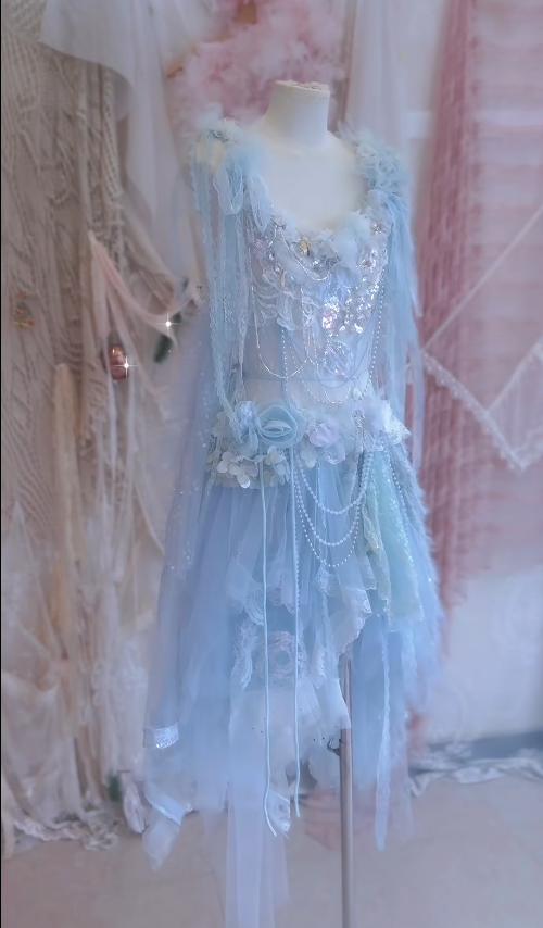 Baby Blue A Line Straps Floral Beaded Tulle Short Prom Dress 16th Birthday Dress DP3794