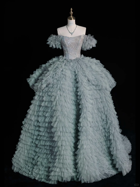 Green Ball Gown Off the Shoulder Lace Beaded Tulle Long Prom Dress Graduation Prom Dress DP2268