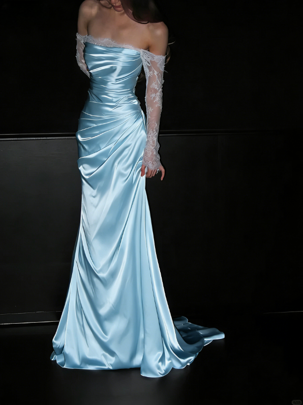 Gentle Mermaid Long Sleeve White Lace Satin Long Wedding Dress Prom Dress DP4410