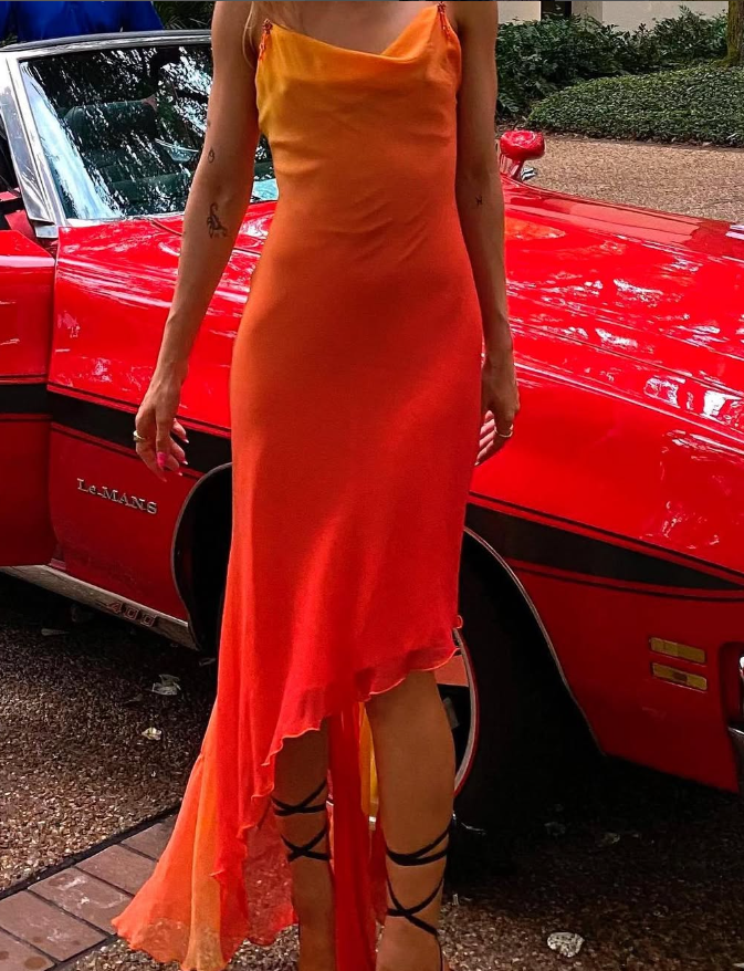 Orange Sheath Spaghetti Strap Ruffle Chiffon Prom Dress Evening Dress DP1550