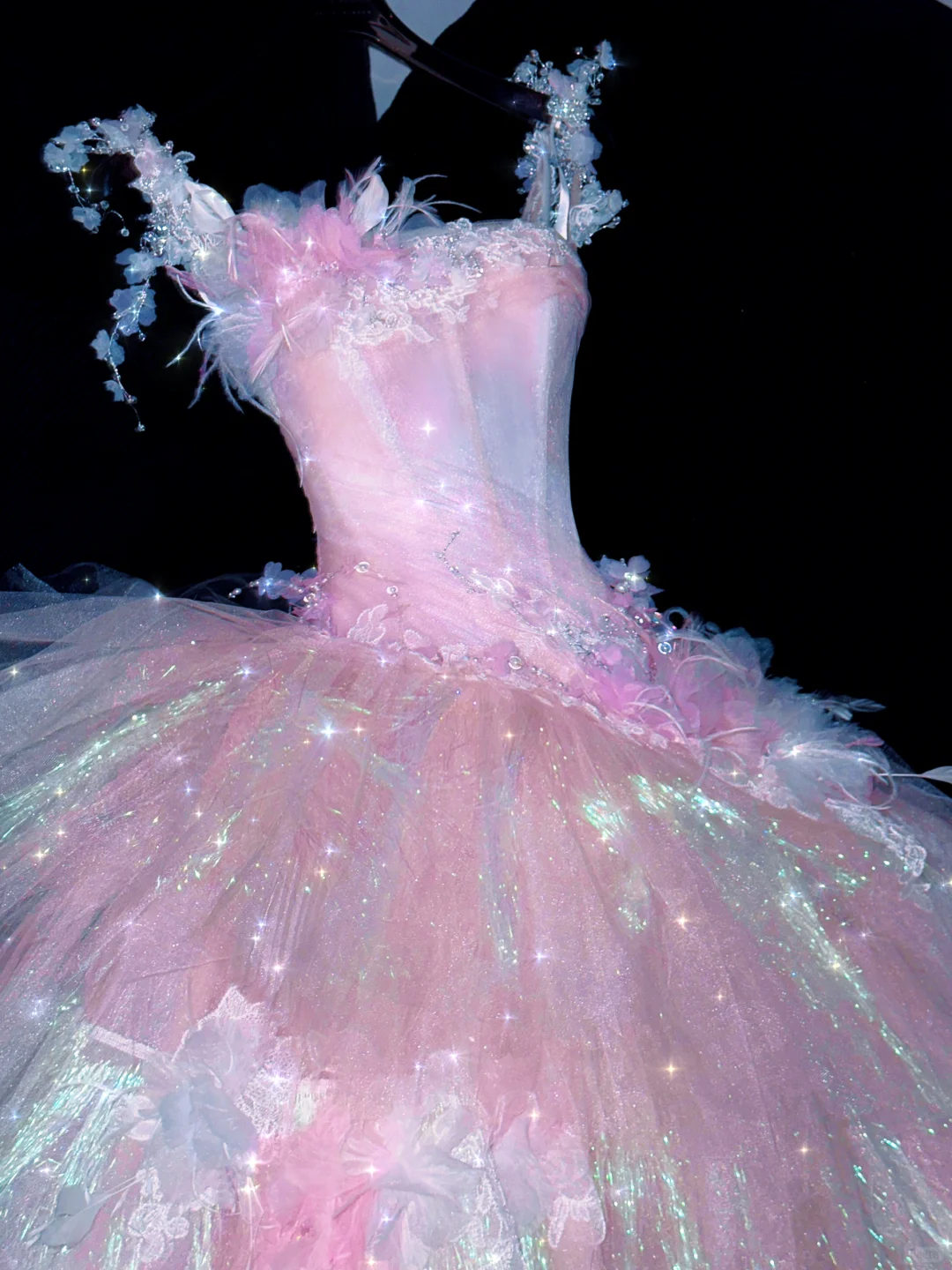 Dreamy A Line Straps Beaded Layered Flower Pink Tulle Prom Dress Party Dress DP2558