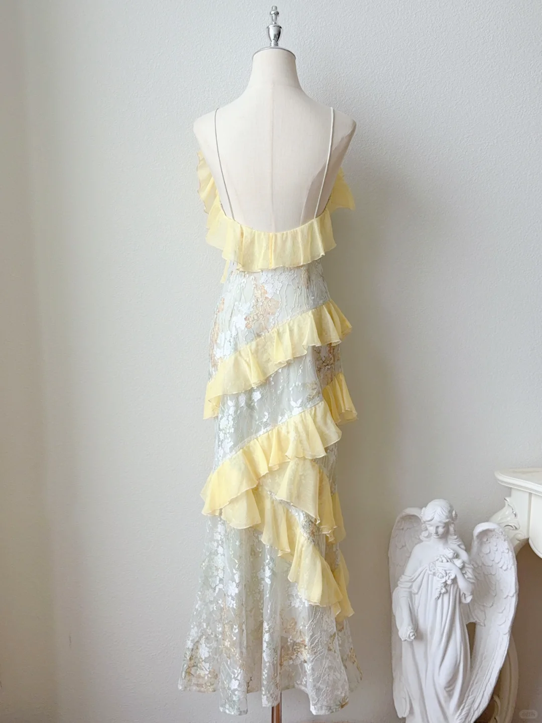 Gentle Mermaid Spaghetti Strap Yellow Chiffon Print Floral Tulle Party Dress DP2589