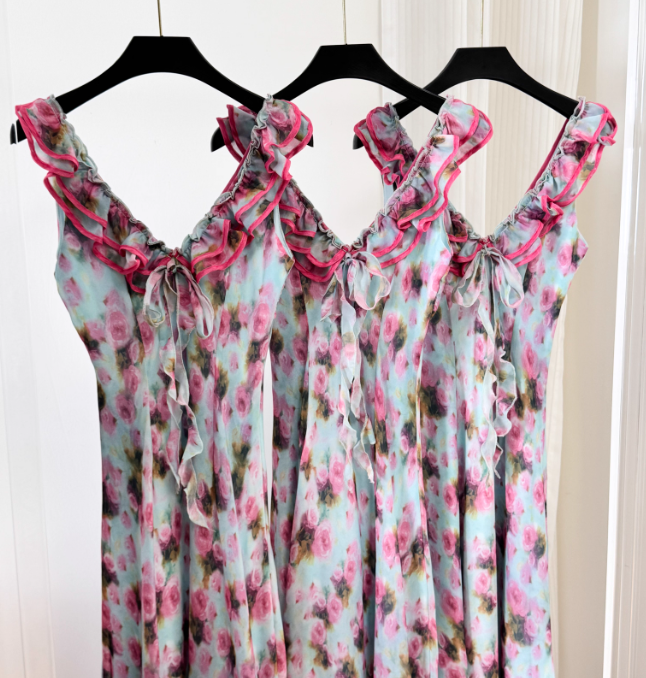 Gentle A Line V Neck Print Floral Chiffon Vacation Dress Prom Dress Outfits DP3554