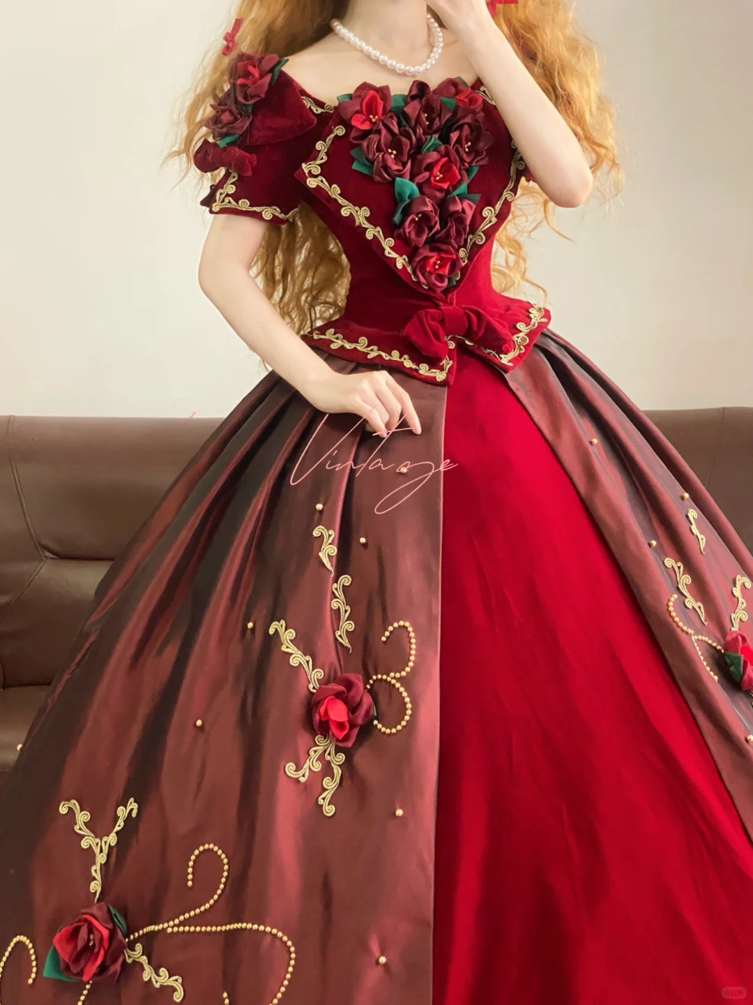 Vintage Ball Gown Floral Burgundy Satin Velvet Prom Dress 22 Birthday Dress DP4074